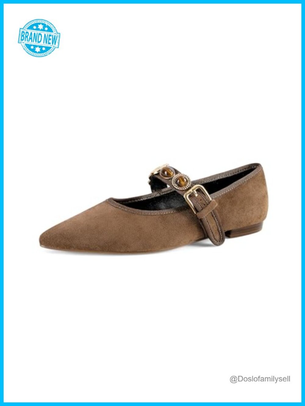Gold Studded Pointed Toe Mary Jane Flats Buckle Strap Ballerina